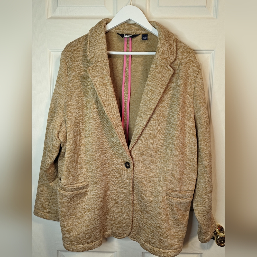 Lands' End Women's beige camel fleece blazer jacket size 2X one button pockets